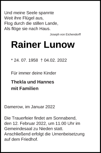 Traueranzeige von Rainer Lunow von Pasewalker Zeitung