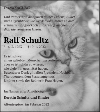 Traueranzeige von Ralf Schultz von Neubrandenburger Zeitung