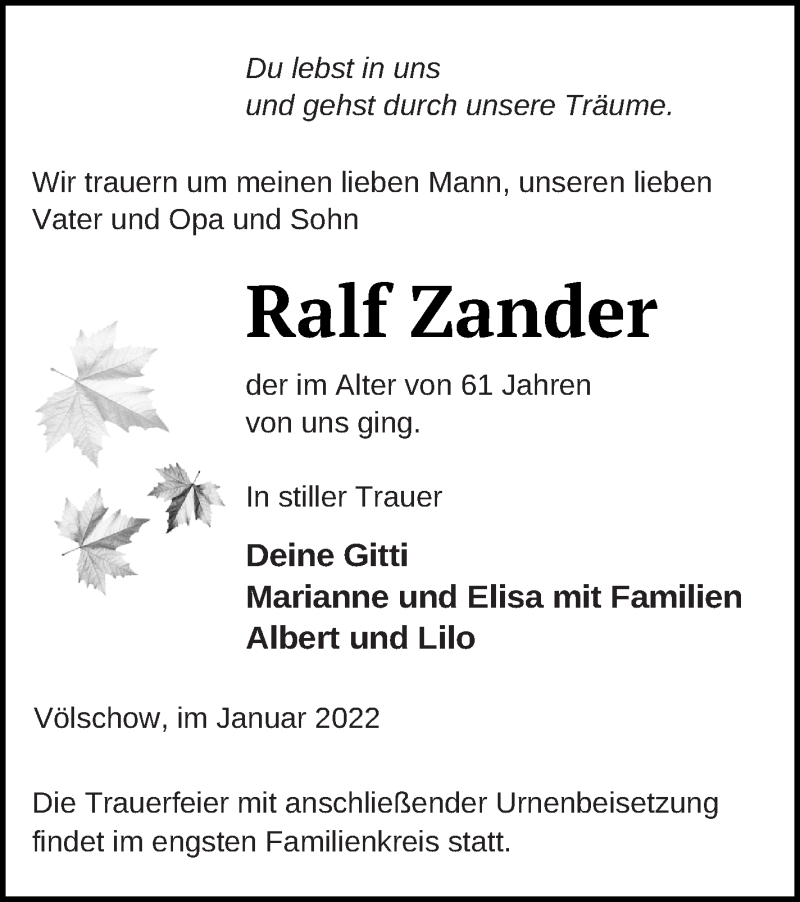  Traueranzeige für Ralf Zander vom 01.02.2022 aus Vorpommern Kurier