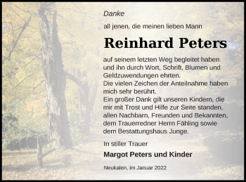 Traueranzeige von Reinhard Peters von Mecklenburger Schweiz