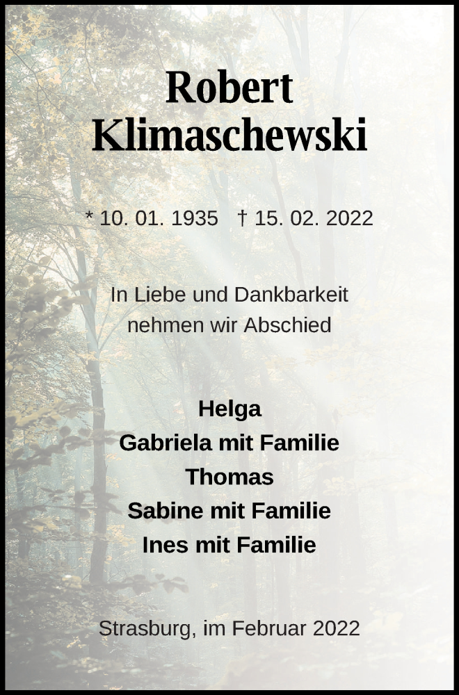  Traueranzeige für Robert Klimaschewski vom 22.02.2022 aus Pasewalker Zeitung