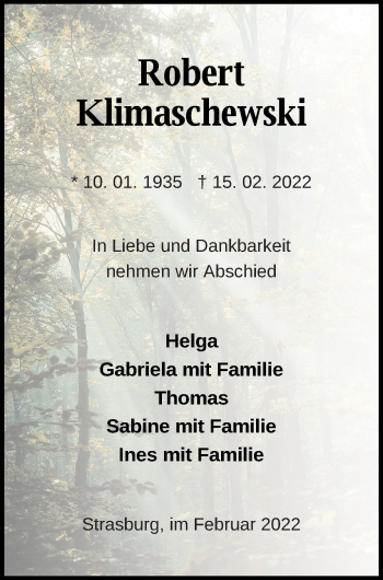 Traueranzeige von Robert Klimaschewski von Pasewalker Zeitung