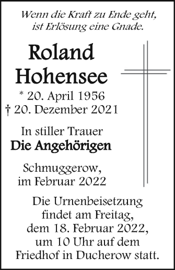 Traueranzeige von Roland Hohensee von Vorpommern Kurier