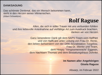 Traueranzeige von Rolf Raguse von Haff-Zeitung