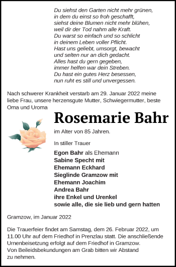 Traueranzeige von Rosemarie Bahr von Prenzlauer Zeitung