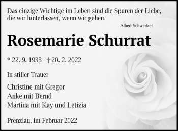 Traueranzeige von Rosemarie Schurrat von Prenzlauer Zeitung