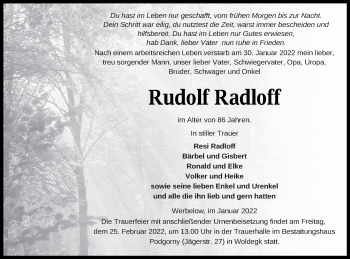 Traueranzeige von Rudolf Radloff von Pasewalker Zeitung