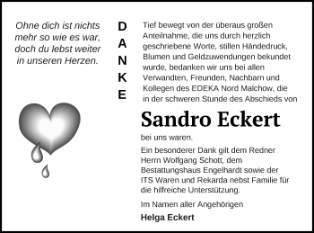 Traueranzeige von Sandro Eckert von Müritz-Zeitung
