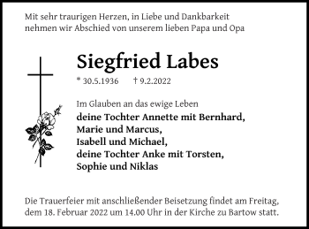 Traueranzeige von Siegfried Labes von Neubrandenburger Zeitung