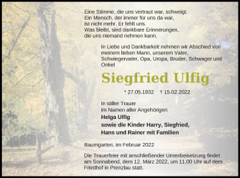 Traueranzeige von Siegfried Ulfig von Prenzlauer Zeitung