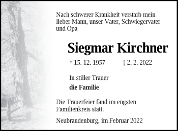 Traueranzeige von Siegmar Kirchner von Neubrandenburger Zeitung