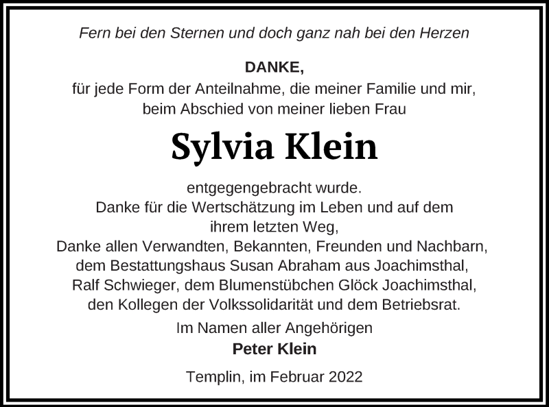  Traueranzeige für Sylvia Klein vom 26.02.2022 aus Templiner Zeitung