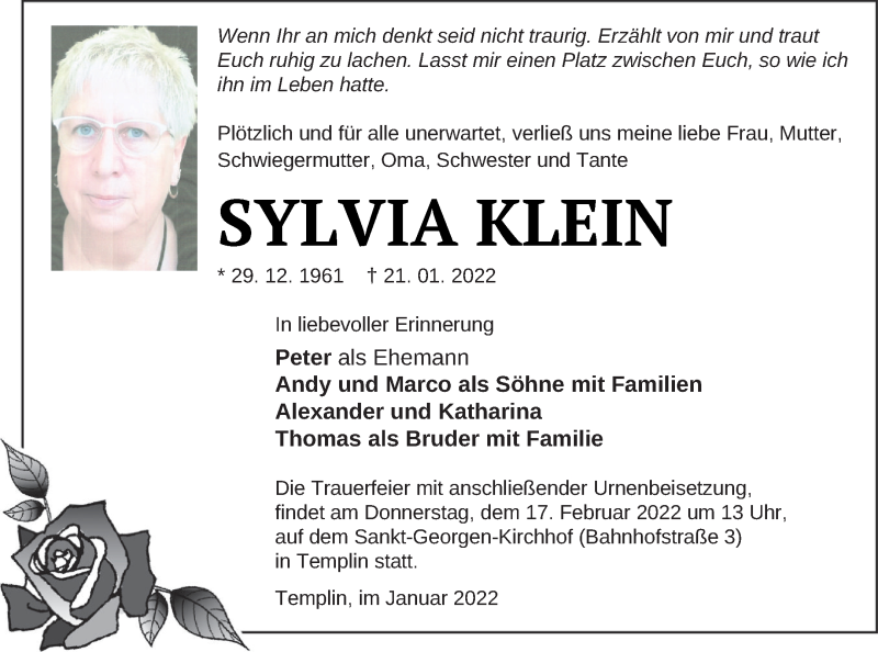  Traueranzeige für Sylvia Klein vom 05.02.2022 aus Templiner Zeitung