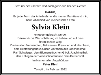 Traueranzeige von Sylvia Klein von Templiner Zeitung