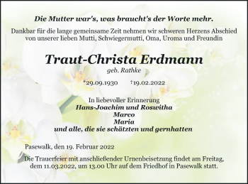 Traueranzeige von Traut-Christa Erdmann von Mecklenburger Schweiz