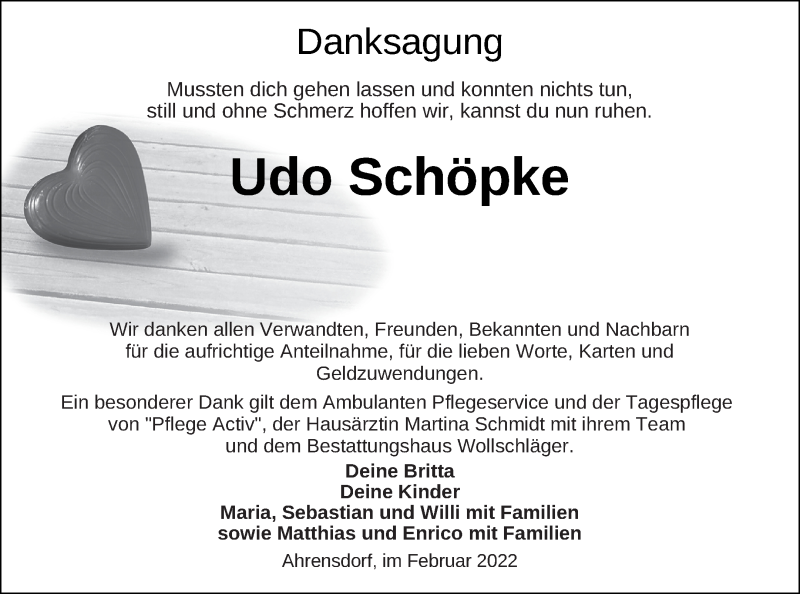  Traueranzeige für Udo Schöpke vom 11.02.2022 aus Templiner Zeitung