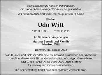 Traueranzeige von Udo Witt von Demminer Zeitung