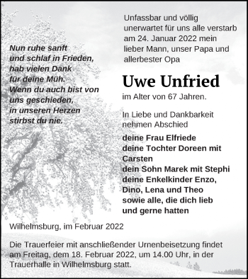 Traueranzeige von Uwe Unfried von Haff-Zeitung