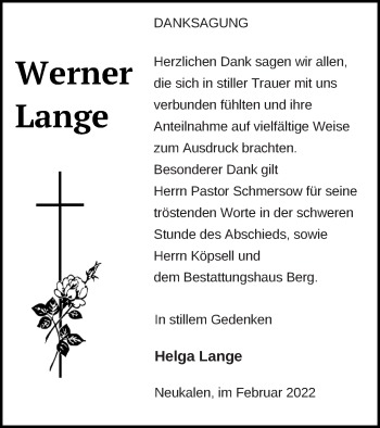 Traueranzeige von Werner Lange von Mecklenburger Schweiz