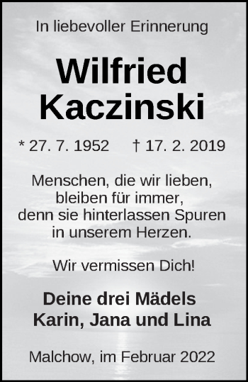 Traueranzeige von Wilfried Kaczinski von Müritz-Zeitung