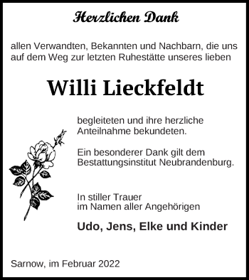 Traueranzeige von Willi Lieckfeldt von Vorpommern Kurier