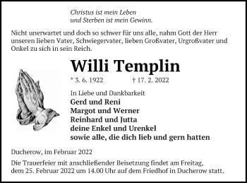 Traueranzeige von Willi Templin von Vorpommern Kurier