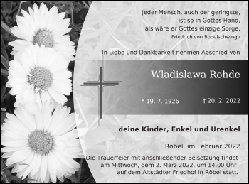 Traueranzeige von Wladislawa Rohde von Müritz-Zeitung