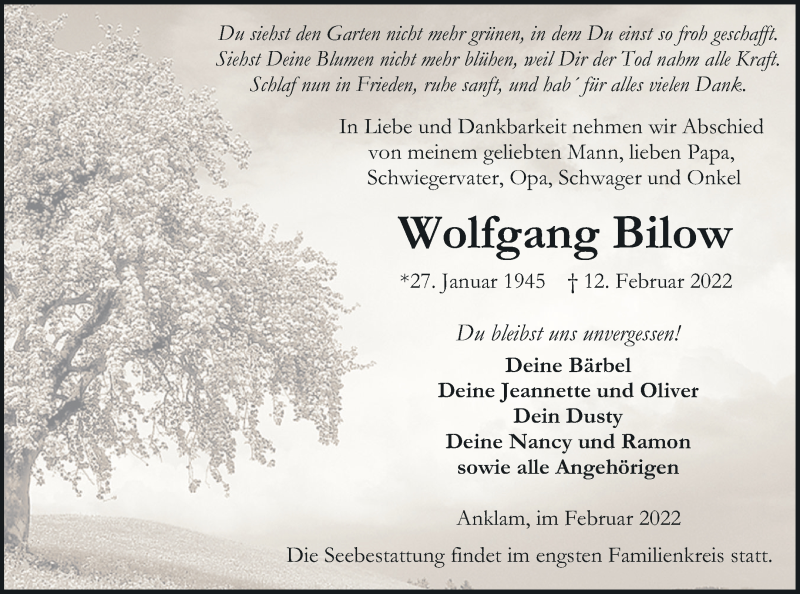  Traueranzeige für Wolfgang Bilow vom 19.02.2022 aus Vorpommern Kurier