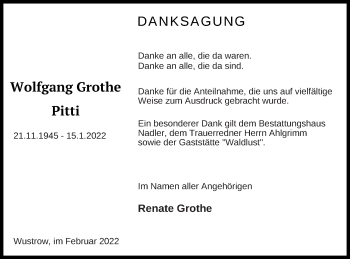 Traueranzeige von Wolfgang Grothe von Strelitzer Zeitung