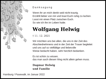 Traueranzeige von Wolfgang Helwig von Pasewalker Zeitung