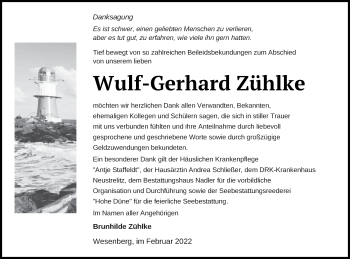 Traueranzeige von Wulf-Gerhard Zühlke von Strelitzer Zeitung