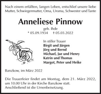 Traueranzeige von Anneliese Pinnow von Zeitung für die Landeshauptstadt