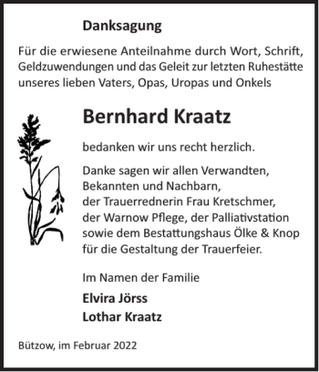 Traueranzeige von Bernhard Kraatz von Bützower Zeitung