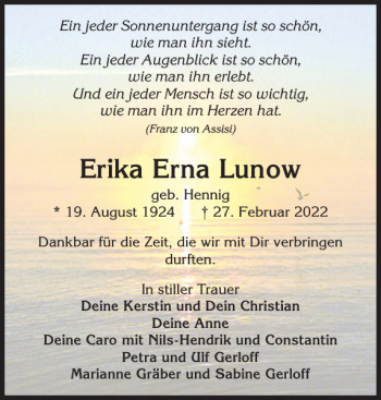 Traueranzeige von Erika Erna Lunow von Zeitung für die Landeshauptstadt