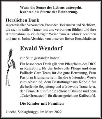 Traueranzeige von Ewald Wendorf von Gadebusch-Rehnaer Zeitung