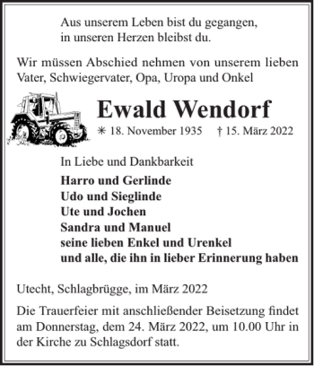 Traueranzeige von Ewald Wendorf von Gadebusch-Rehnaer Zeitung