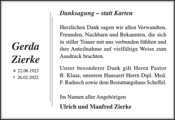 Traueranzeige von Gerda Zierke von Zeitung für die Landeshauptstadt