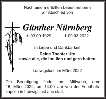 Traueranzeige von Günther Nürnberg von Ludwigsluster Tageblatt