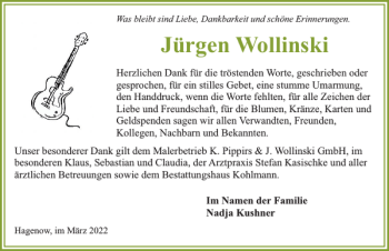 Traueranzeige von Jürgen Wollinski von Hagenower Kreisblatt