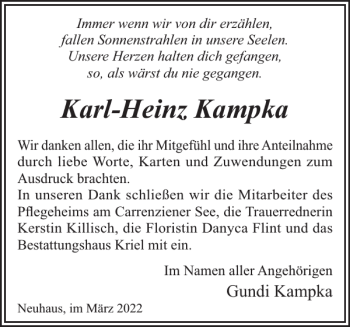 Traueranzeige von Karl-Heinz Kampka von Hagenower Kreisblatt