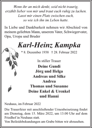 Traueranzeige von Karl-Heinz Kampka von Hagenower Kreisblatt