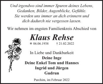 Traueranzeige von Klaus Rehse von Parchimer Zeitung