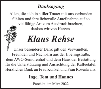 Traueranzeige von Klaus Rehse von Parchimer Zeitung