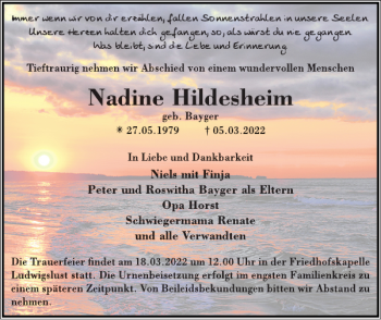 Traueranzeige von Nadine Hildesheim von Ludwigsluster Tageblatt