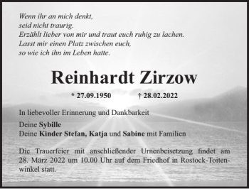 Traueranzeige von Reinhardt Zirzow von Norddeutsche Neueste Nachrichten