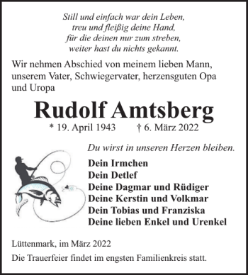 Traueranzeige von Rudolf Amtsberg von Hagenower Kreisblatt