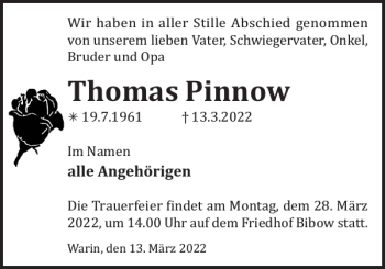 Traueranzeige von Thomas Pinnow von Anzeiger für Sternberg - Brüel - Warin