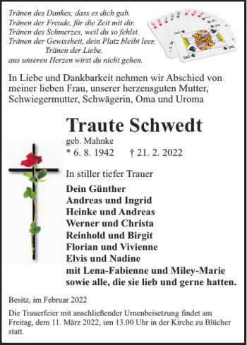 Traueranzeige von Traute Schwedt von Hagenower Kreisblatt