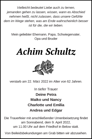 Traueranzeige von Achim Schultz von Müritz-Zeitung