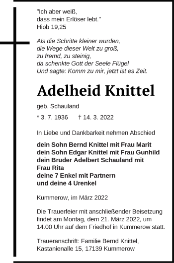 Traueranzeige von Adelheid Knittel von Mecklenburger Schweiz